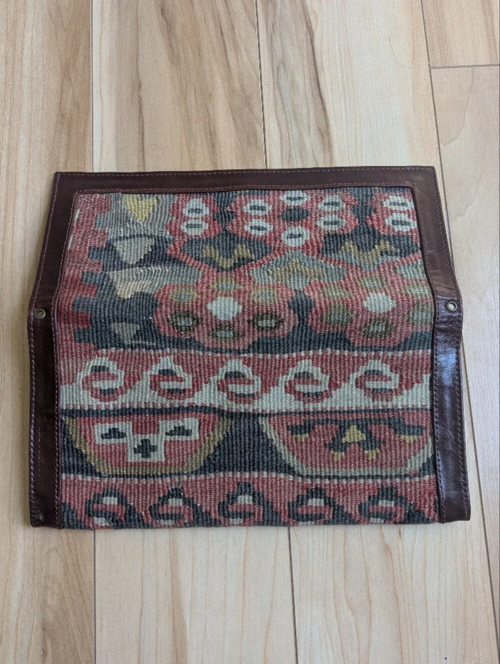 Turkish Wool Kilim Brown Leather Wallet Clutch Bag